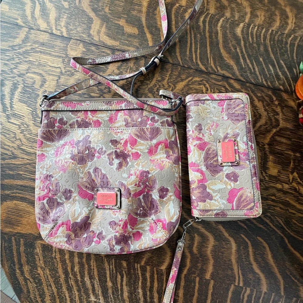 Guess Floral Crossbody Bag and Wallet - Pink, Purple, Cream